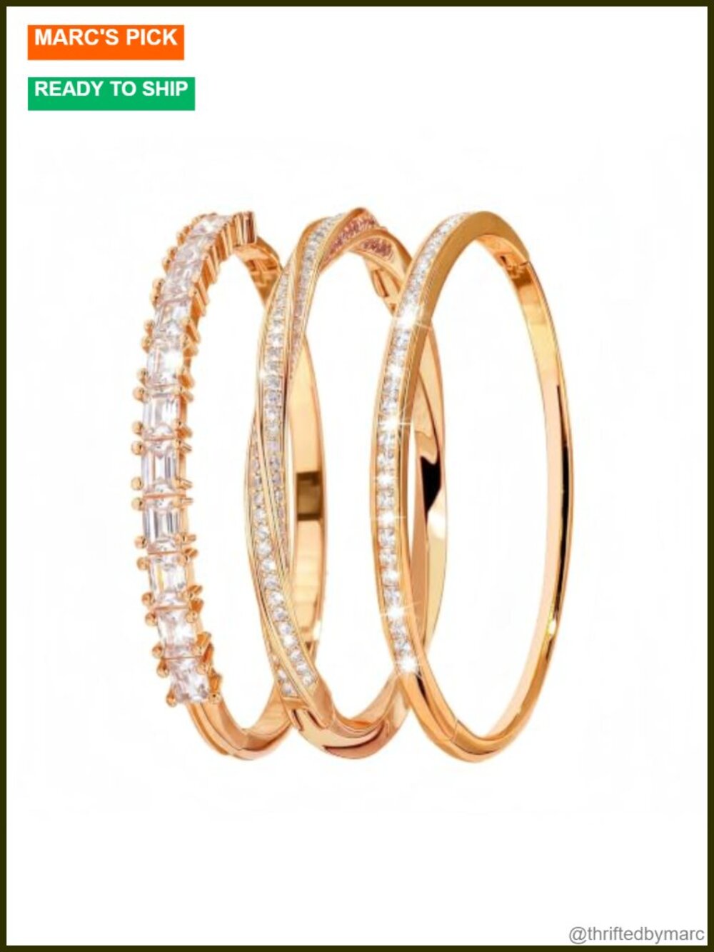 Gold Plated Bangle Bracelet Set 3 Pack CZ Stackable Women Dainty Vintage